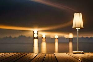 ein Lampe auf ein hölzern Dock beim Nacht. KI-generiert foto