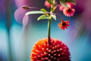 ein rot Blume ist Sitzung im ein Vase mit ein verschwommen Hintergrund. KI-generiert foto