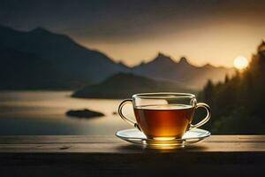 ein Tasse von Tee auf ein hölzern Tabelle mit Blick auf ein See und Berge. KI-generiert foto