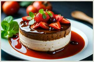 ein Dessert mit Erdbeeren und Sahne auf ein Platte. KI-generiert foto