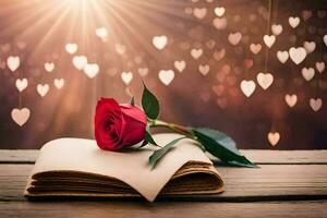 Foto Hintergrund Herz, das Sonne, das Buch, das Rose, das Buch, das Rose,. KI-generiert