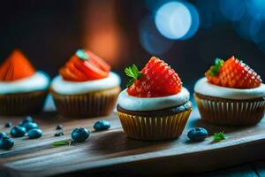 Cupcakes mit Erdbeeren und Blaubeeren auf ein hölzern Tafel. KI-generiert foto