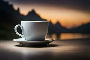 Kaffee Tasse auf ein Tabelle mit Berge im das Hintergrund. KI-generiert foto