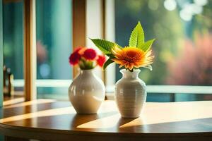 zwei Vasen mit Blumen auf ein Tisch. KI-generiert foto