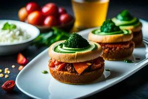 drei Mini Sandwiches mit Gemüse auf ein Platte. KI-generiert foto