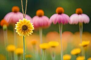 ein Gelb Blume ist Stehen im Vorderseite von ein Feld von Rosa und Gelb Blumen. KI-generiert foto