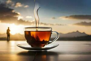 ein Tasse von Tee auf ein Tabelle mit ein Aussicht von das Berge. KI-generiert foto