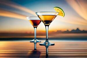 zwei Martinis auf ein Tabelle mit ein Sonnenuntergang im das Hintergrund. KI-generiert foto