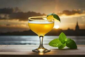 Cocktail im ein Glas mit ein Sonnenuntergang im das Hintergrund. KI-generiert foto