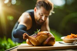 ein Mann ist vorbereiten ein Hähnchen auf ein Schneiden Tafel. KI-generiert foto