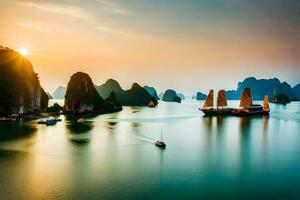 das Sonne setzt Über das Wasser im Halong Bucht. KI-generiert foto