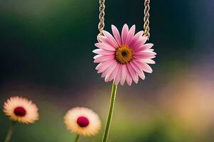 ein Rosa Blume ist Sitzung auf ein Kette. KI-generiert foto