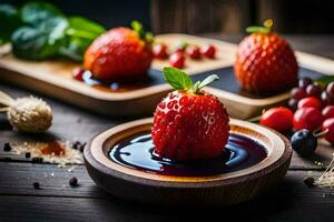 ein Schüssel von Erdbeeren mit Sirup und Beeren. KI-generiert foto