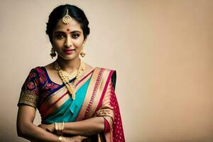 ein schön indisch Frau im ein traditionell Sari. KI-generiert foto