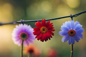 bunt Blumen auf ein Kabel. KI-generiert foto