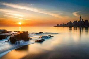 das Sonne steigt an Über das Stadt Horizont im diese Foto. KI-generiert foto