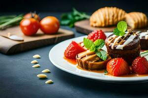 ein Teller mit ein Dessert und Erdbeeren. KI-generiert foto