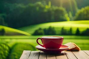 Kaffee Tasse auf das Tabelle mit ein Aussicht von das Grün Feld. KI-generiert foto