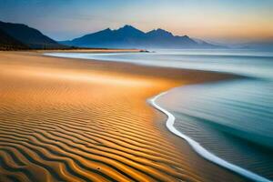 das Strand beim Sonnenuntergang mit Berge im das Hintergrund. KI-generiert foto