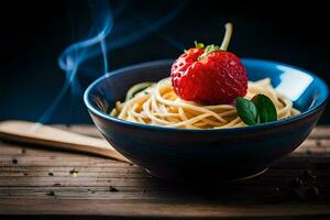 ein Schüssel von Spaghetti mit ein Erdbeere auf oben. KI-generiert foto