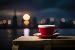 ein rot Tasse sitzt auf ein hölzern Tabelle im Vorderseite von ein Stadt Horizont. KI-generiert foto