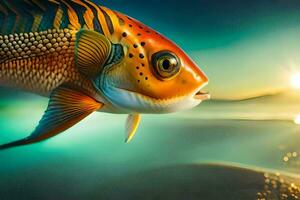 ein Fisch mit ein Gelb und Orange Körper ist gezeigt im das Wasser. KI-generiert foto
