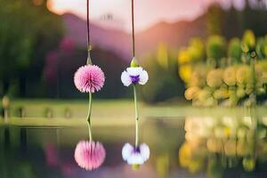 zwei Blumen sind schwebend im das Wasser. KI-generiert foto