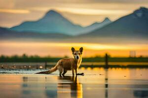 ein Fuchs steht im das Wasser beim Sonnenuntergang mit Berge im das Hintergrund. KI-generiert foto