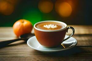 ein Tasse von Kaffee mit ein Scheibe von orange. KI-generiert foto