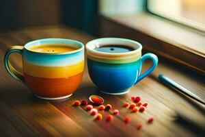 zwei bunt Kaffee Tassen sitzen auf ein Tisch. KI-generiert foto