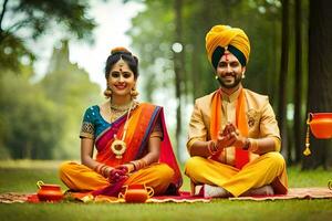 ein Mann und Frau im traditionell indisch Kleidung sitzen auf das Gras. KI-generiert foto