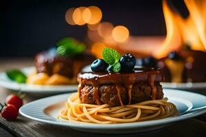 Spaghetti und Fleischklößchen auf ein Teller mit ein Feuer. KI-generiert foto