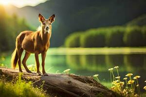 ein Hirsch steht auf ein Log in der Nähe von ein See. KI-generiert foto