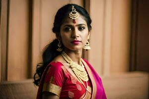 ein schön indisch Braut im ein Rosa Sari. KI-generiert foto