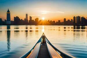 ein Boot ist schwebend im das Wasser beim Sonnenuntergang. KI-generiert foto