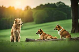 drei Hunde Sitzung auf ein Log im das Gras. KI-generiert foto