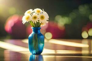 ein Blau Vase mit Weiß Gänseblümchen im Es. KI-generiert foto