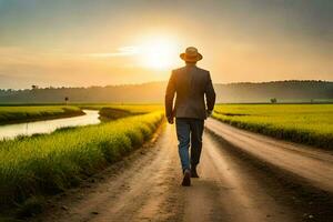 ein Mann im ein passen und Hut Spaziergänge Nieder ein Schmutz Straße beim Sonnenuntergang. KI-generiert foto