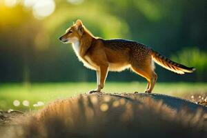 ein Fuchs steht auf ein Felsen im das Sonne. KI-generiert foto