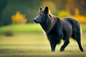 ein schwarz Hund ist Gehen im das Gras. KI-generiert foto