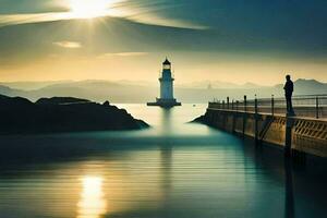 ein Mann steht auf ein Seebrücke suchen beim ein Leuchtturm. KI-generiert foto