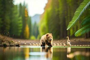 ein Bär und ein Vogel gehen durch ein Fluss. KI-generiert foto