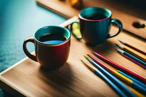 zwei Kaffee Tassen und ein hölzern Tablett mit farbig Bleistifte. KI-generiert foto