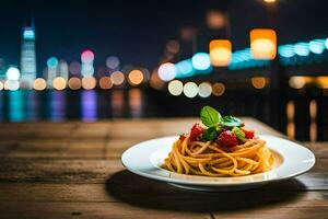 ein Teller von Spaghetti mit ein Aussicht von das Stadt. KI-generiert foto