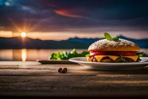 ein Hamburger auf ein Teller mit ein Sonnenuntergang im das Hintergrund. KI-generiert foto