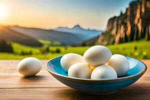 Eier im ein Schüssel auf ein Tabelle im das Berge. KI-generiert foto