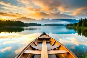 das Boot ist auf das See beim Sonnenuntergang. KI-generiert foto