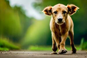 ein Hund Laufen auf ein Straße im das Mitte von das Tag. KI-generiert foto