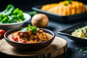 ein Schüssel von Spaghetti mit Fleisch und Gemüse. KI-generiert foto