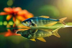 ein Fisch ist reflektiert im das Wasser mit Blumen. KI-generiert foto